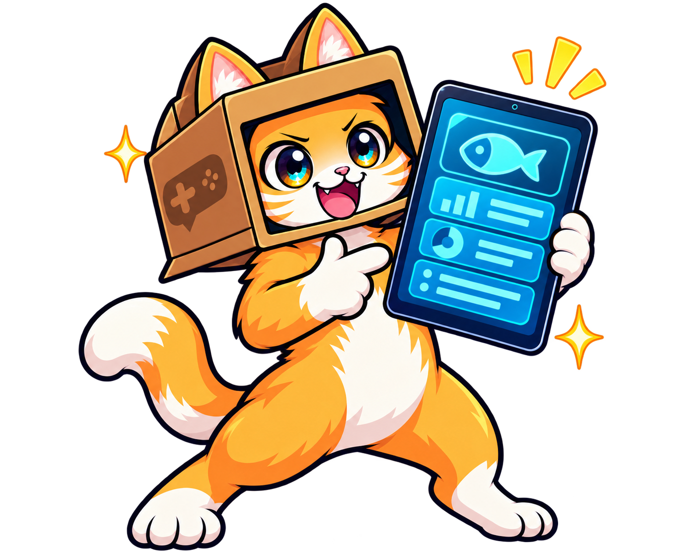 Fish Game Index cat holding a tablet full of FISH game information